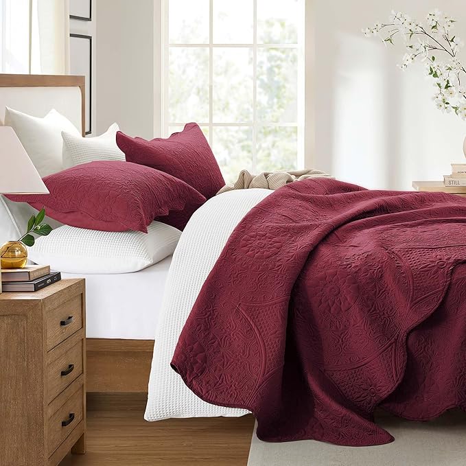 IR Imperial Rooms 10 Pack Twin Quilt Bedding Set (68" x 86") - Bulk Wholesale for Hotels, Guest Bedroom & Airbnbs - Lightweight Microfiber Reversible Floral Embossed Quilts Bedspreads (Burgundy)