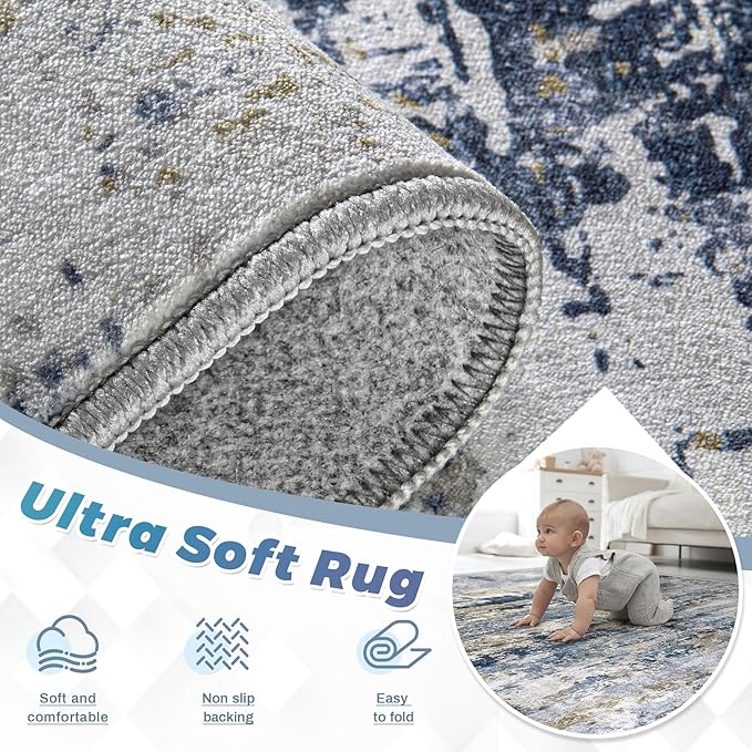 Area Rugs 8x10 for Living Room: Washable Rug Modern Abstract Neutral Soft Non-Slip Low-Pile Indoor Large Carpet for Bedroom Dining Room Playroom Home Office (Blue Grey Brown, 8'x10')