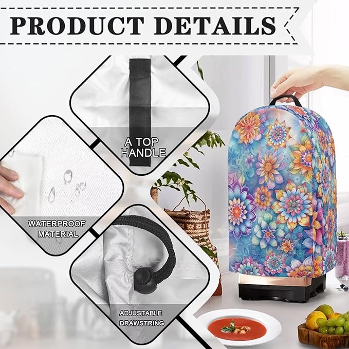 Mandala Flower Blender Dust Cover with Drawstring, Stand Mixer or Coffee Maker Appliance Covers, Anti Fingerprint Polyester Dust Proof Stain Resistant Blender Cover for Kitchen