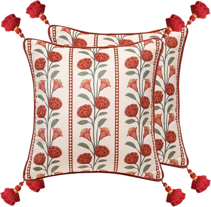 Vintage Square Throw Pillow Covers Pack of 2,Red Cozy Velvet with Leaves and Floral Pattern Pillowcases,Decoration Pillows Cushion Covers for Living Room Couch Sofa Bed Car Chair,18"x18"