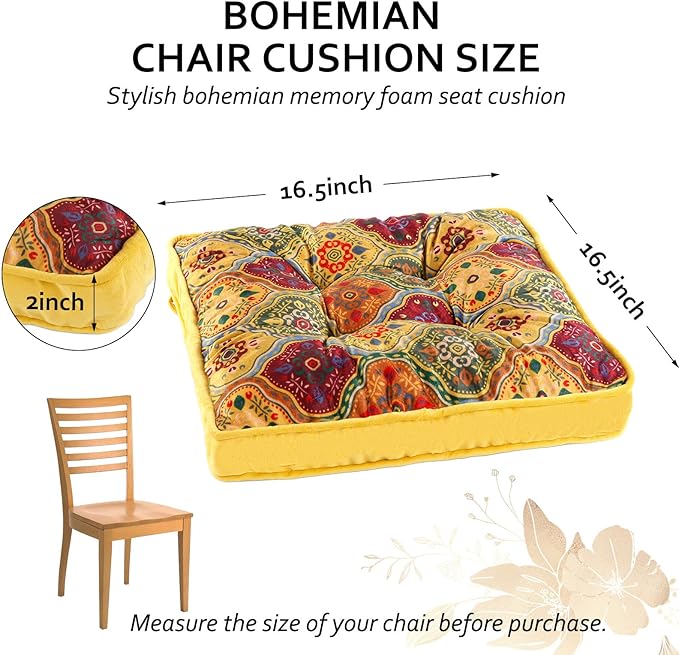 Bohemian Square Seat Cushions for Kitchen Dining Living Tea Room,16.5" x 16.5" Printing Velvet Chair Pads with Non-Slip Ties, 2Packs, Blue