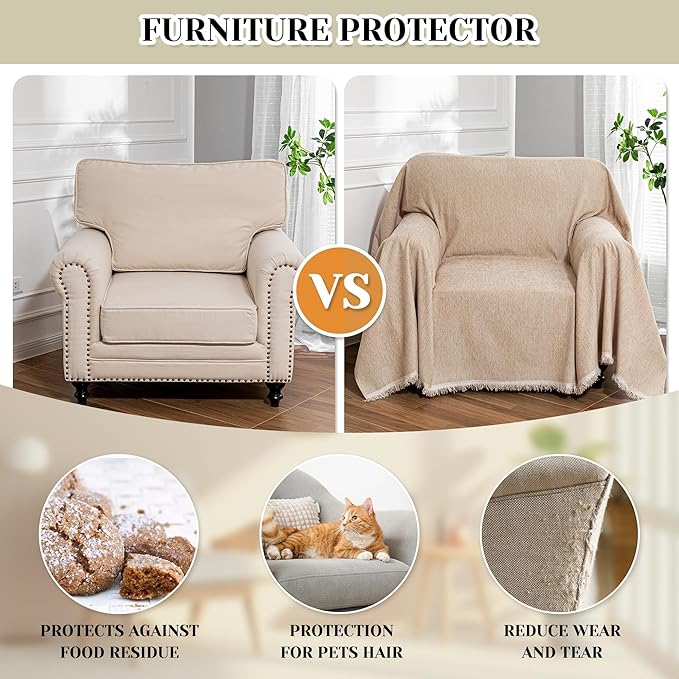 MEETSKY Sofa Covers Armchair Single Couch Cover for Dogs,Throw Couch Cover with Tassel Recliner Chair Recliner Cover Washable 1 Cushion Couch Chenille Couch Protector, 71"x 91", Khaki