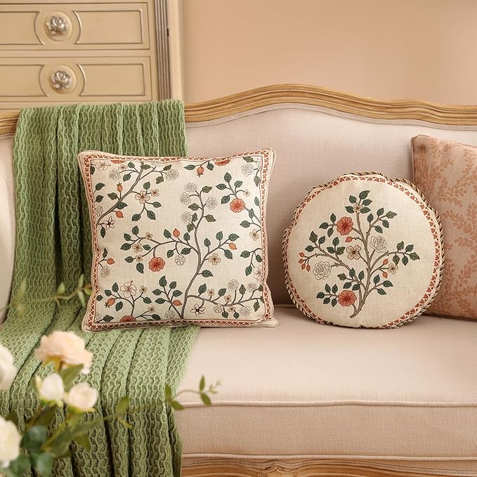ISAENNE Design Linen Classic Throw Pillow Covers 18"x18", French Farmhouse Square Cushion Covers with Orange White Floral Pattern Decoration Pillowcases for Bed,Living Room,Outdoor,Car