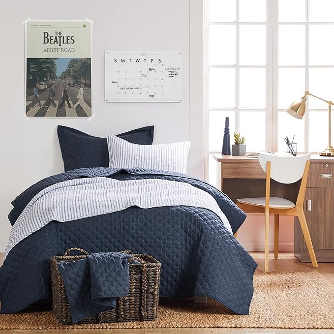 Levtex Home Tobago Stripe Blue Reversible Twin XL/Twin Quilt Set (68x86in) with 1 Pillow Sham (26x20in) - Striped - Blue, White - Cotton Twin Size Quilt Bedding Set - Lightweight, Soft, Pre-Washed