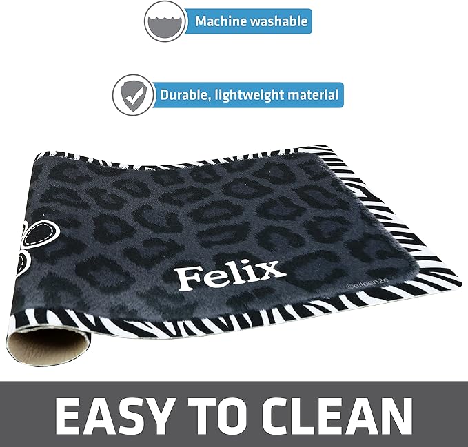 Drymate Personalized Pet Bowl Placemat, Custom Dog & Cat Food Feeding Mat - Absorbent Fabric, Waterproof Backing - Machine Washable/Durable (USA Made) (12" x 20") (Leopard Black)