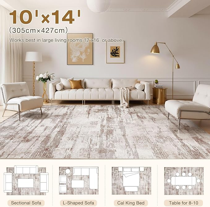 Abstract Living Room Rug 10x14 - Modern Washable Soft Thin Area Rug for Living Room Bedroom Under Dining Table - Neutral Indoor Floor Rug Carpets for Home Office Playroom Nursery - Light Brown