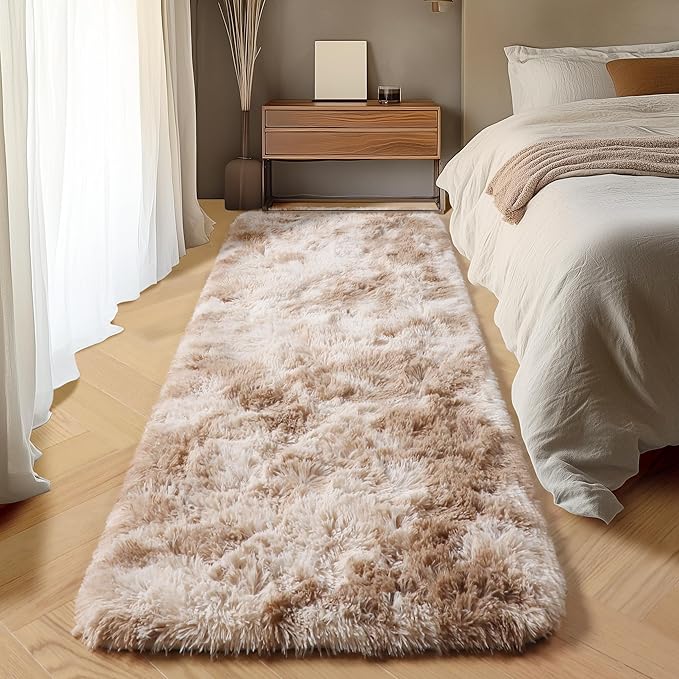 ONASAR Runner Rugs for Bedroom Living Room, Tie-Dyed Beige 2x6 Washable Bedside Hallway Fluffy Area Rug, Ultra Soft Plush Furry Faux Fur Non Slip Floor Carpet for Nursery Kids Dorm Closet Home Decor