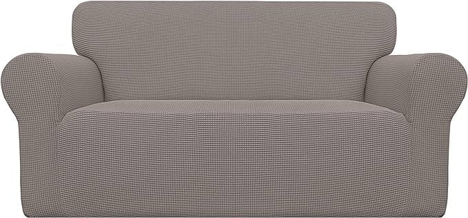 Easy-Going Stretch Loveseat Slipcover 1-Piece Sofa Cover Furniture Protector Couch Soft with Elastic Bottom for Kids Polyester Spandex Jacquard Fabric Small Checks (Loveseat, Taupe)