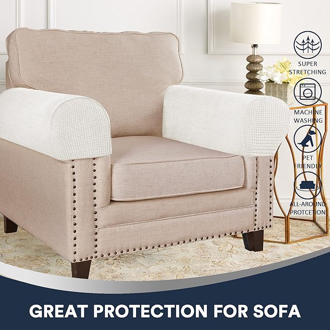 Stretch Sofa Armrest Covers - Spandex Jacquard Anti-Slip Protector for Chairs, Sofas, Couch, Recliner - Set of 2, Off White