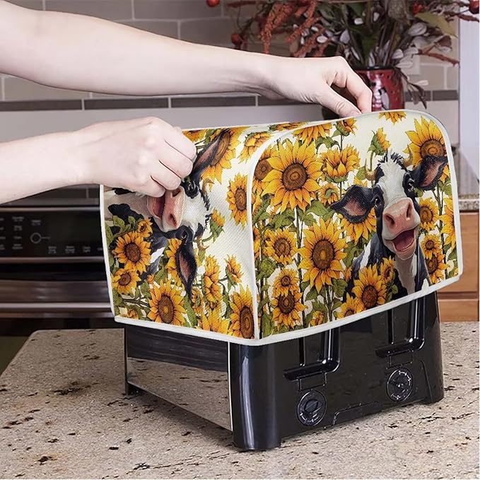 Sunflower Cow Printed Toaster Cover for 4 Slice Bread Maker, Anti Fingerprint Oven Dust Protector, Small Kitchen Appliance