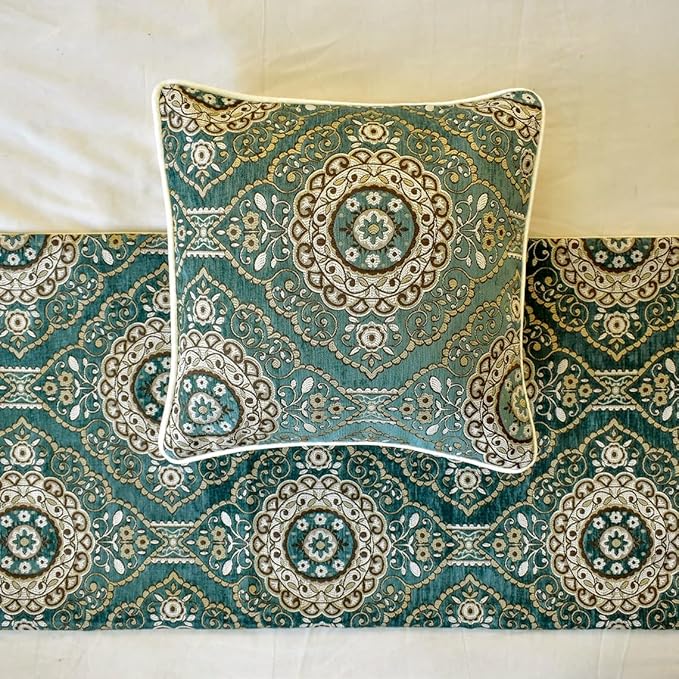 The HomeCentric King/Queen/Twin Teal Decorative King 90"x18" Bed Runner with Pillow Cover, Art Deco, Floral, Tassels & Velvet Bed Scarf on Velvet Fabric - Ahmet