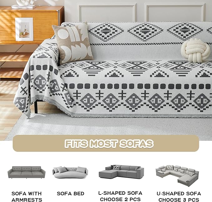 MEETSKY Boho Couch Cover Super Soft Couch Covers for 2 Cushion Couch Sofa, Modern Jacquard Sofa Slipcover Loveseat Futon Cover, Couch Covers for Sectional Sofa, Dark Grey, 71" x 118"