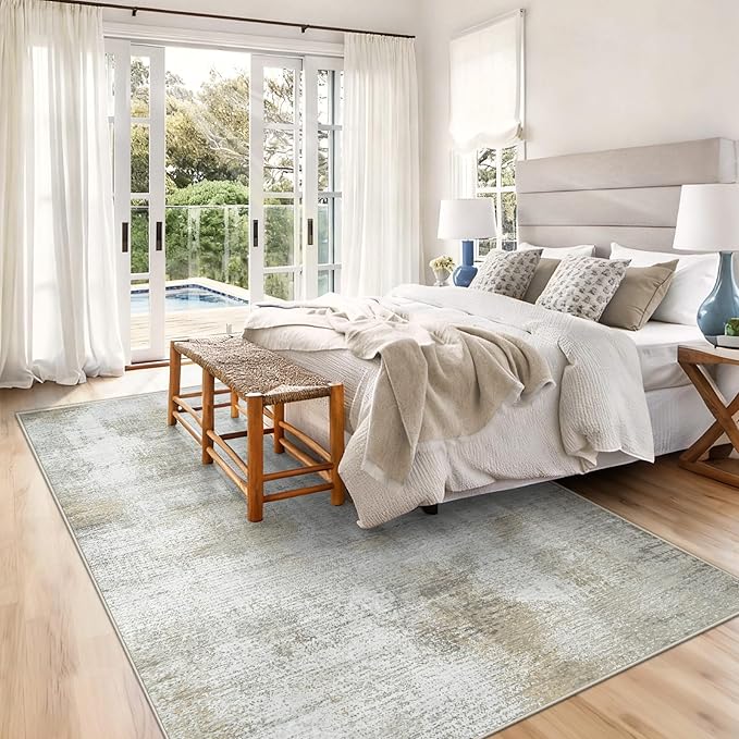 5x7 Area Rugs for Living Room: Washable Rug Modern Abstract Neutral Soft Rugs Non-Slip Low-Pile Indoor Floor Carpet for Bedroom Dining Room Nursery (Beige, 5'x7')