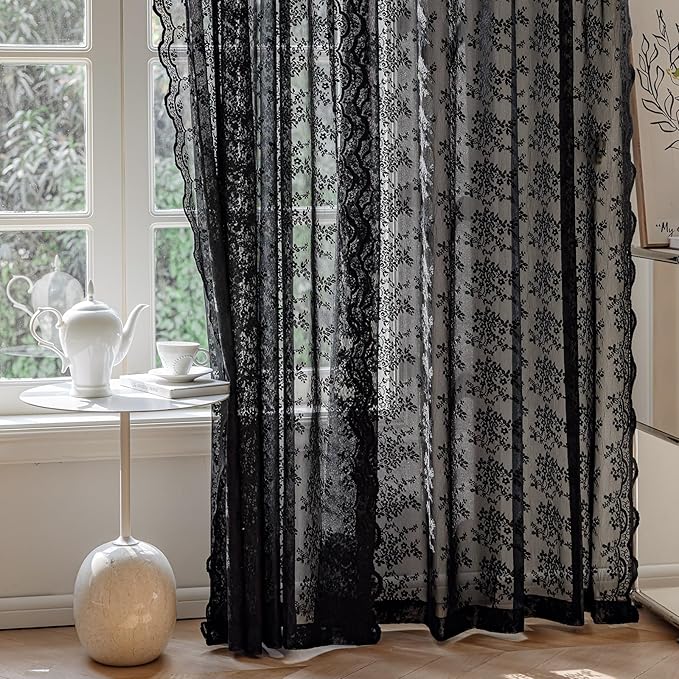 Anmao Vintage Lace Curtains 108 Inches Long 2 Panels Set, Romantic Elegant Light Filtering Semi Sheer Floral Thick Lacy Curtain Drapes for Living Room and Bedroom, Each Panel 55W x 108L, Black