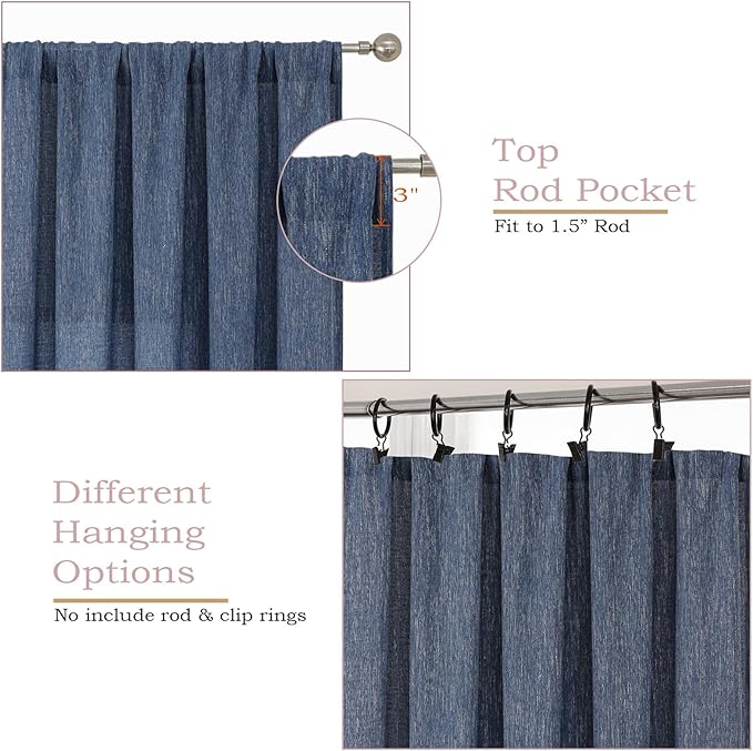 Simplebrand Navy Blue Faux Linen Textured Semi Sheer Curtains 72 Inches Long 2 Panels Set, Light Filtering Privacy Farmhouse Curtains, Soft Window Drapes Rod Pocket Top for French Door, 40W x 72L