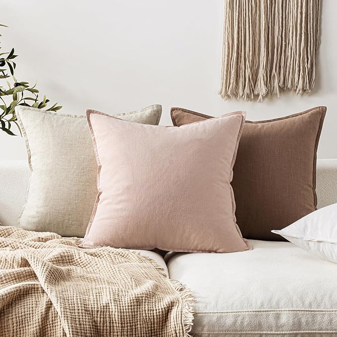 EMEMA Throw Pillow Covers Decorative Linen Pillow Covers 24x24 Inch Pink Boho Farmhouse Neutral Couch Throw Pillows for Bed Pack of 2 Accent Pillowcase Modern Sofa Cushion Livingroom Home