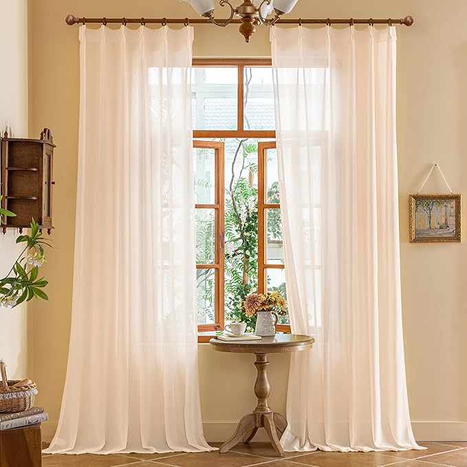 Pink Pinch Pleat Sheer Curtains 84 Inches Long for Girls Bedroom Light Filtering Privacy Tree Branch Semi Voile Pleated Drapes with Ajustable Hooks (No Rings), Soft Pink, 42"W x 84"L, 2 Panels