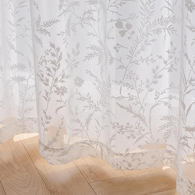 Anmao Vintage Lace Curtains 84 Inches Long 2 Panels Set, Romantic Elegant Light Filtering Semi Sheer Floral Thick Lacy Curtain Drapes for Living Room and Bedroom, Each Panel 55W x 84L, White Leaves