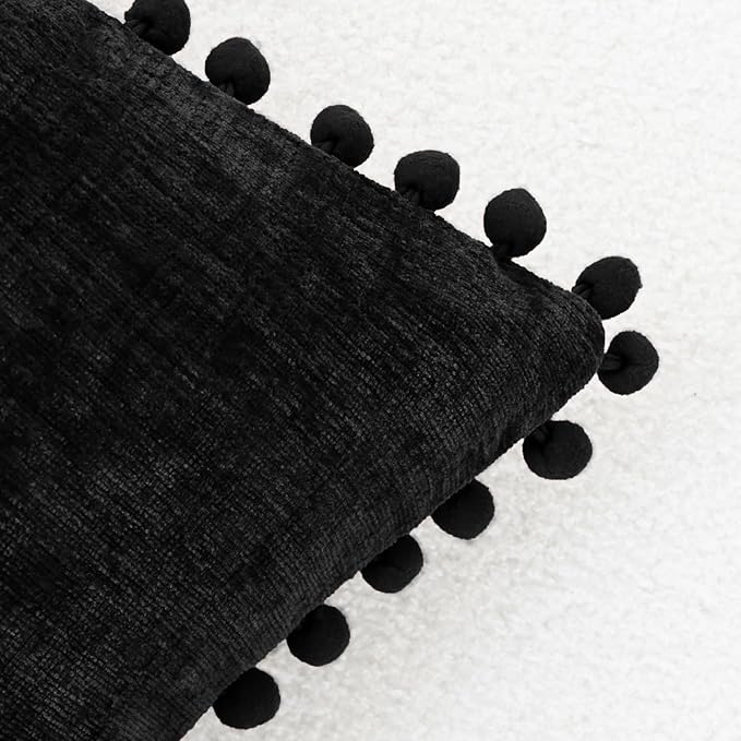 CaliTime Throw Pillow Covers Decorative 22 X 22 Inches Pack of 2 Cozy Solid Dyed Soft Chenille Cushion Cases with Pom Poms for Couch Sofa Bed Living Room Home Black