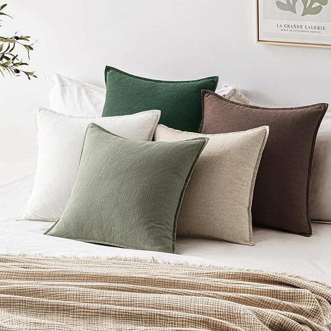 EMEMA Throw Pillow Covers Decorative Linen Pillow Covers 18x18 Inch Light Olive Green Boho Farmhouse Neutral Couch Throw Pillows for Bed Pack of 2 Accent Pillowcase Modern Sofa Cushion Livingroom Home