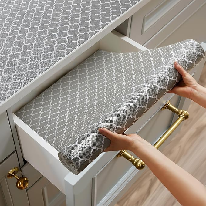 Shelf and Drawer Liner for Kitchen Cabinets Non-Adhesive, Strong Grip Non-Slip Thickened Cabinet Liners for Shelves, Waterproof Mats for Dresser Cupboard, Gray, 12 in x 20 Feet