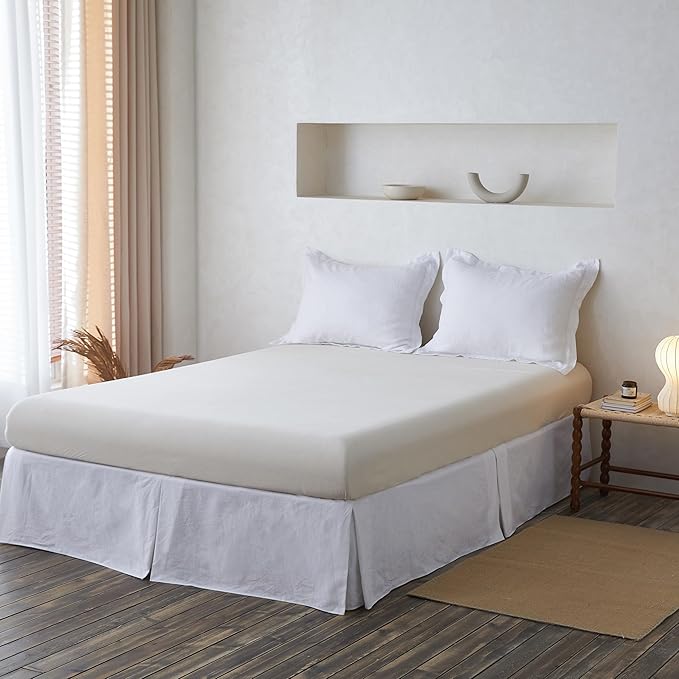 BISELINA French Linen Wrap Around Bed Skirt with Pleated Corner 14-Inch Tailored Drop Natural Flax Cotton Blend Basic Soft Cozy (14" Queen, White)