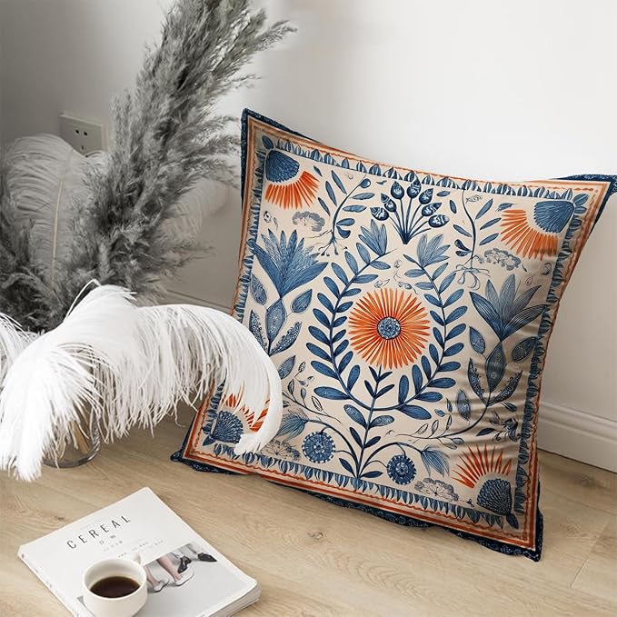 Vintage Boho Floral Print Throw Pillow Cover, Orange, Blue - Retro Rust Floral Decor Pillowcase, Indoor Outdoor Cushion Case for Sofa Couch Bed Living Room Bedroom Home (Blue&Orange, 18x18inch)
