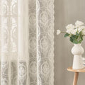 Ivory Vintage Country Floral Lace Sheer Curtains 96 Inches Long -Rod Pocket Light Filtering French Privacy Scalloped Edges Rod Pocket Boho Bedroom ，52 x 96 Inch, 2 Panels