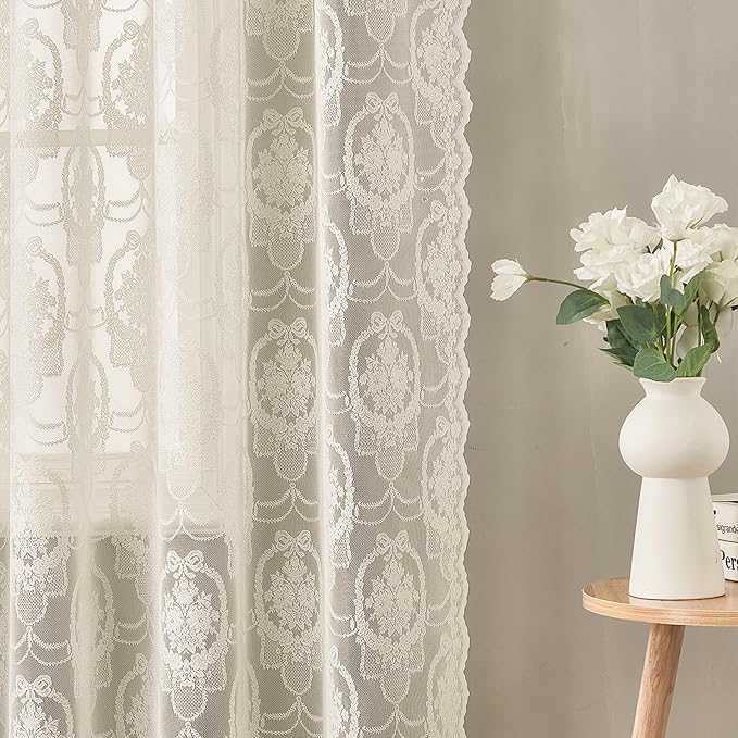 Ivory Vintage Country Floral Lace Sheer Curtains 96 Inches Long -Rod Pocket Light Filtering French Privacy Scalloped Edges Rod Pocket Boho Bedroom ，52 x 96 Inch, 2 Panels
