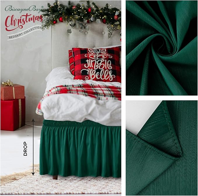Biscaynebay Wrap Around Bed Skirts for Queen Beds 15" Drop, Christmas Hunter Green Adjustable Elastic Dust Ruffles Easy Fit Wrinkle & Fade Resistant Silky Luxurious Fabric Machine Washable