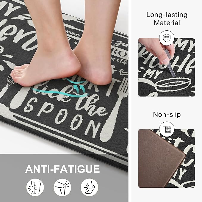 GENIMO Anti Fatigue Kitchen Mats for Floor, Non Slip Washable Kitchen Rules Theme Rugs sets of 2, Farmhouse Cushioned Waterproof Comfort Runner Rug for Kitchen, Sink, Laundry, 17"x 47"+17"x 30", Black