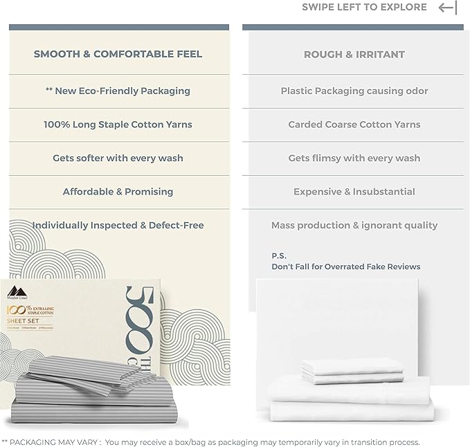 Mayfair Linen 100% Cotton Sheets Set - 500 Thread Count 4 PC Set, Soft, Cooling, Sateen Weave 16" Deep Pocket Bedsheet - 4 PC, California King Light Grey Stripe