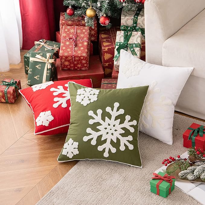 MIULEE Pack of 2 Christmas Decorative Snowflake Throw Pillow Covers Canvas Embroidery Winter Cushion Cases Holiday Decor Soft Pillowcases for Winter Couch Sofa Bedroom Car（Army Green, 18x18in）