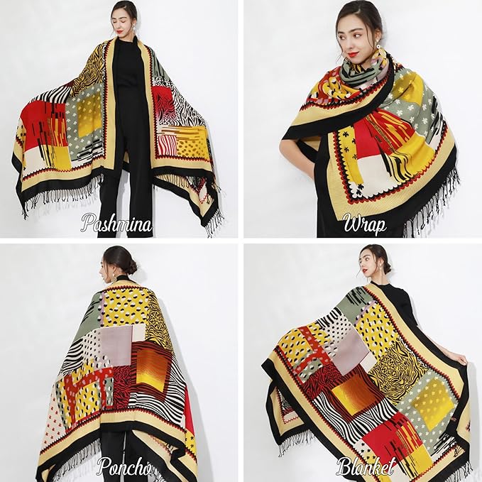 DANA XU 100% Merino Wool Pashmina Shawl for Women 96"x43", Oversized Cashmere Wrap with Tassels, Floral Travel Blanket Cape