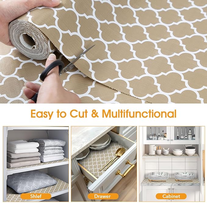 Shelf and Drawer Liner for Kitchen Cabinets Non-Adhesive, Strong Grip Non-Slip Thickened Cabinet Liners for Shelves, Waterproof Mats for Dresser Cupboard, Beige, 17 in x 10 Feet