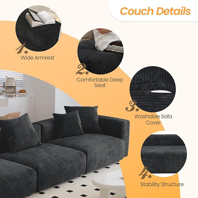 JACH 142"" Luxurious Sectional Couch Sofa with 5 Pillows, Deep Seat Modular Sectional Couch, Cushion Covers Removable, Huge Plus Sofas Couches for Living Room, Office, Apartment, Black, 3-Seater