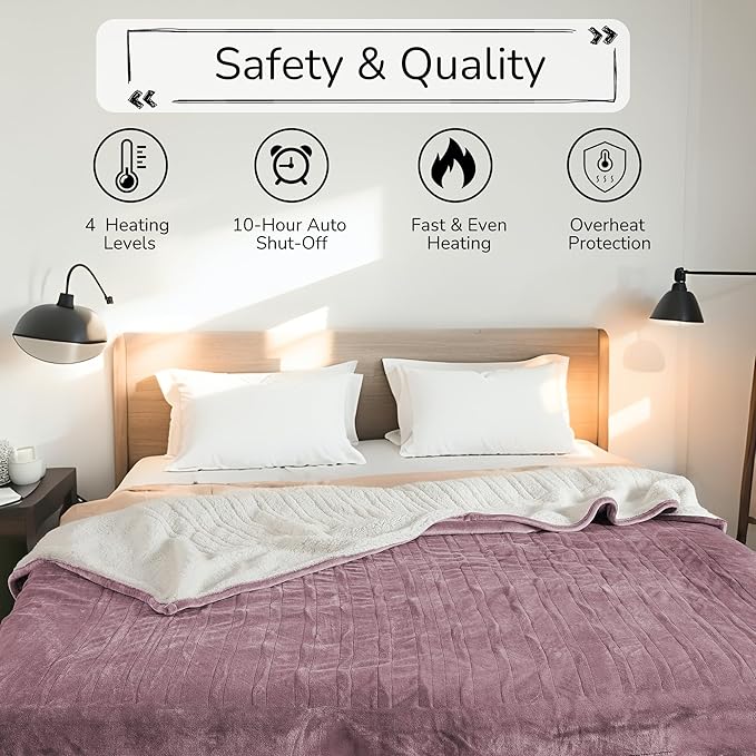 Electric Heated Blanket Twin Size 62"x84" - Dual-Sided with Microplush & Sherpa Fabric, 4 Heat Settings & 10 Hours Auto Off, Machine Washable - Berry