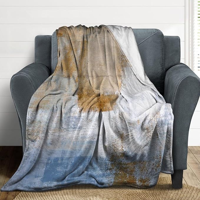 Abstract Gradient Blanket, Modern Fashion Art Blue Brown Painting Strokes Pattern Soft Warm Cozy Plush Flannel Covers for Livingroom Bedroom Couch Chair Camping Travel Home Decor Tapestry 50x60in