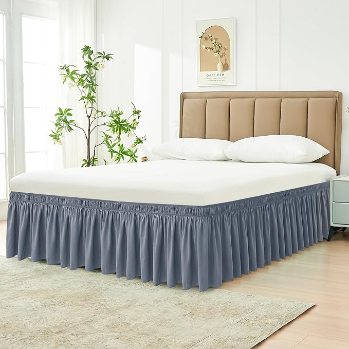 Biscaynebay Wrap Around Bed Skirts for Queen Beds 22" Long Drop, Dark Grey Adjustable Elastic Dust Ruffles Easy Fit Wrinkle Resistant Silky Luxurious Fabric Machine Washable