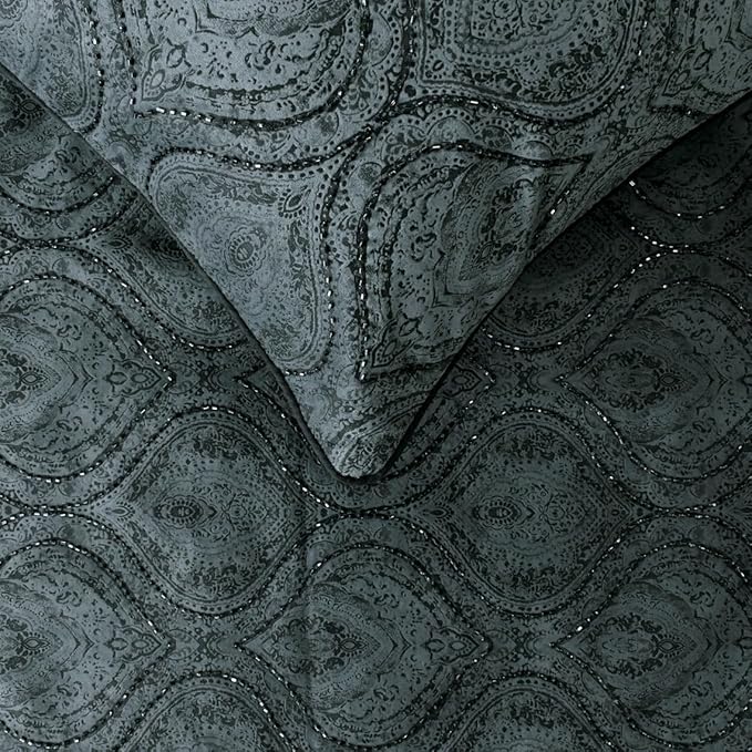 The HomeCentric King/Queen/Twin Gray Decorative CA King 86"x18" Bed Runner with Two Pillow Cover, Damask, Victorian & Bead Embroidery Bed Scarf on Suede Fabric - Beatrice