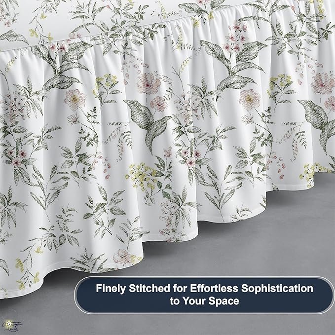 Cottington Lane Ruffled Bed Skirt Twin Size with Split Corner, Brushed Microfiber Hotel Quality Dust Ruffle, 21 Inch Drop Gathered Bedskirt, Soft, Stylish, Shrink & Fade Resistant, Morning Petals