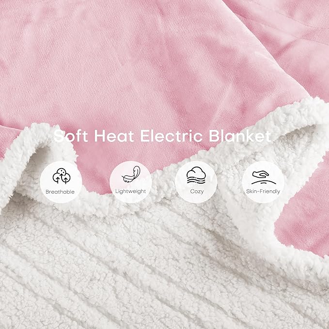 Electric Heated Blanket Twin Size 62"x84" - Dual-Sided with Microplush & Sherpa Fabric, 4 Heat Settings & 10 Hours Auto Off, Machine Washable - Light Pink