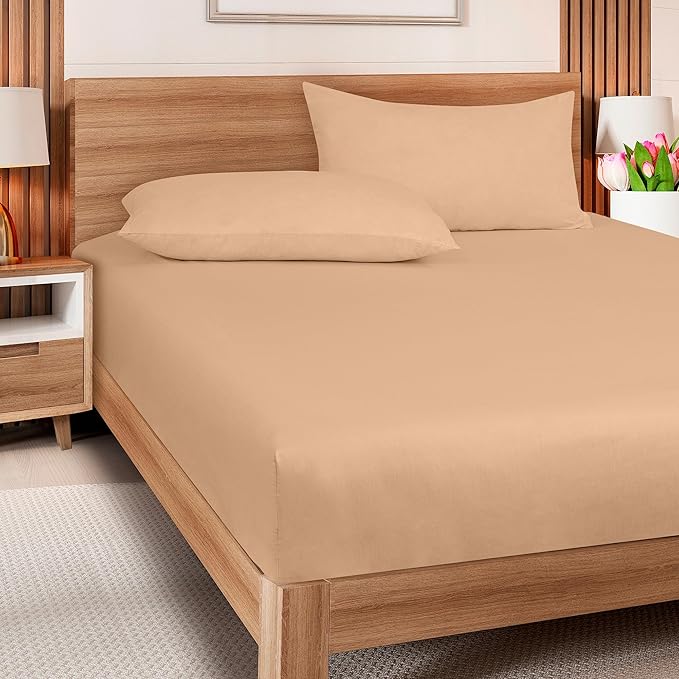 ROYALE LINENS 300 Thread Count 100% Long Staple Combed Cotton Fitted Sheet Twin XL - Super Soft Deep Pocket Bottom Sheet - Fitted Sheets Only - Elastic Sheets (Twin XL, Sand)