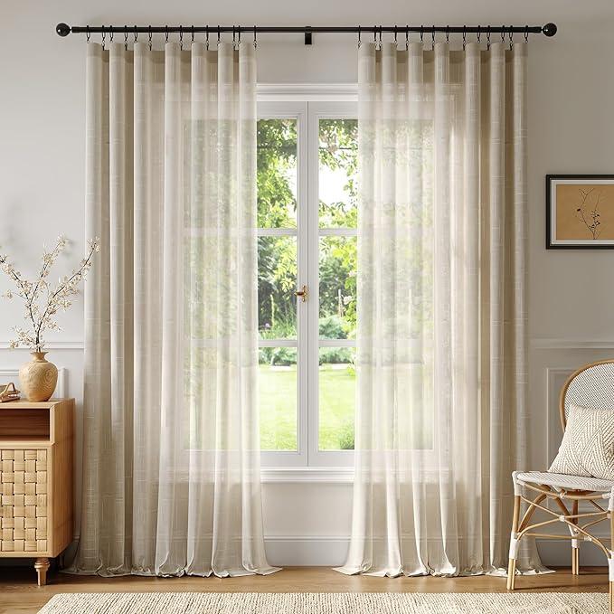 Anmao Natural Linen Curtains for Living Room 96 Inch Length 2 Panels Set, Light Filtering Semi Sheer Window Curtain Drapes for Bedroom with Curtain Rings and Clips, 52 Inch Wide Each Panel, Linen