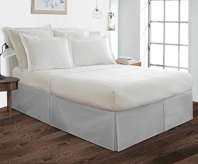 Bed Skirt - 100% Cotton 800 Thread Count Box Pleated Bed Skirt - Luxury Pleated Dust Ruffle, Hotel Quality Modern Bed Skirt, Easy Fit with 12 Inch Tailored Drop, Twin XXL, Light Grey