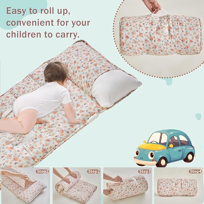 Toddler Nap Mat with Removable Pillow,Ultra Soft Slumber Bags for Girls,Kids Sleeping Bags with Roll Up Design, Perfect for Preschool,Daycare,Kindergarten