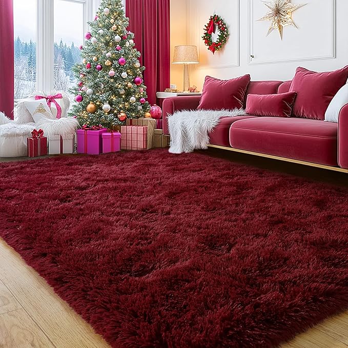 Burgundy Plush Rug for Living Room Fuzzy Carpet for Bedroom Dorm, Non-Slip High Pile Rug, Shag Rug for Playroom Nursery Home Office Decor 4X6 Ft