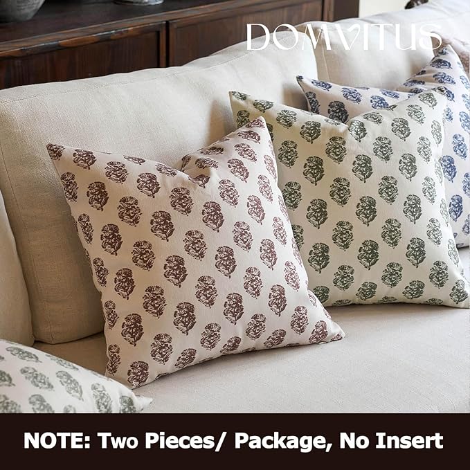 DOMVITUS Set of 2 Floral Pillow Covers 24x24, Block Print Pillow Covers Vintage Neutral Decorative Farmhouse Throw Pillow Covers for Couch Bed Living Room Brown