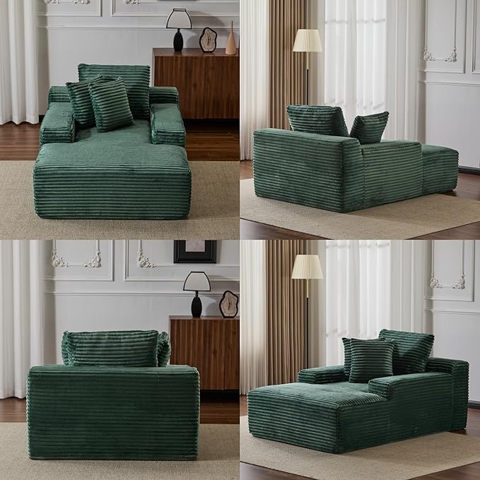 Chaise Lounge Chair Indoor, Oversized Comfy Fluffy Cloud Couch with Throw Pillows & Deep Seat, Modern Lounge Sleeper Couch with Armrests, Upholstered Sofa Bed Chair for Living Room, Green