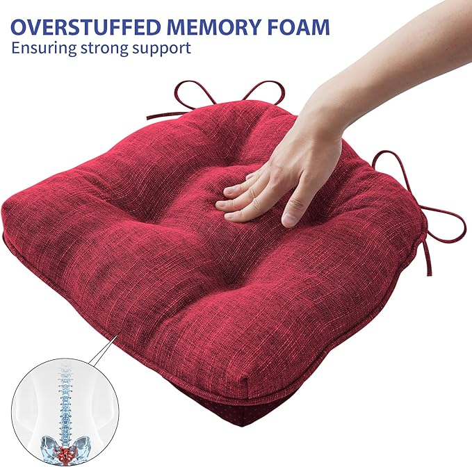 Chair Cushions for Dining Chairs Set of 6, Red Kitchen Chair Cushions, Chair Pads with Ties and Non Slip Backing, Christmas Room Decor, Tufted Memory Foam Seat Cushion 6 Pack, 15.5"x15.5"x4"
